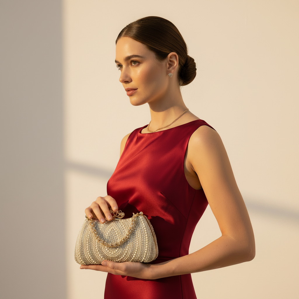 Model in rich red outfit carrying ZOE bag