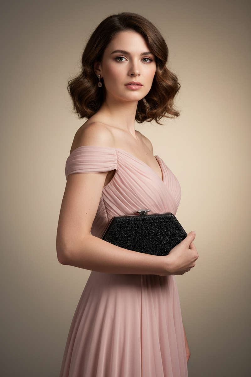Model in pink dress holding VANTA bag
