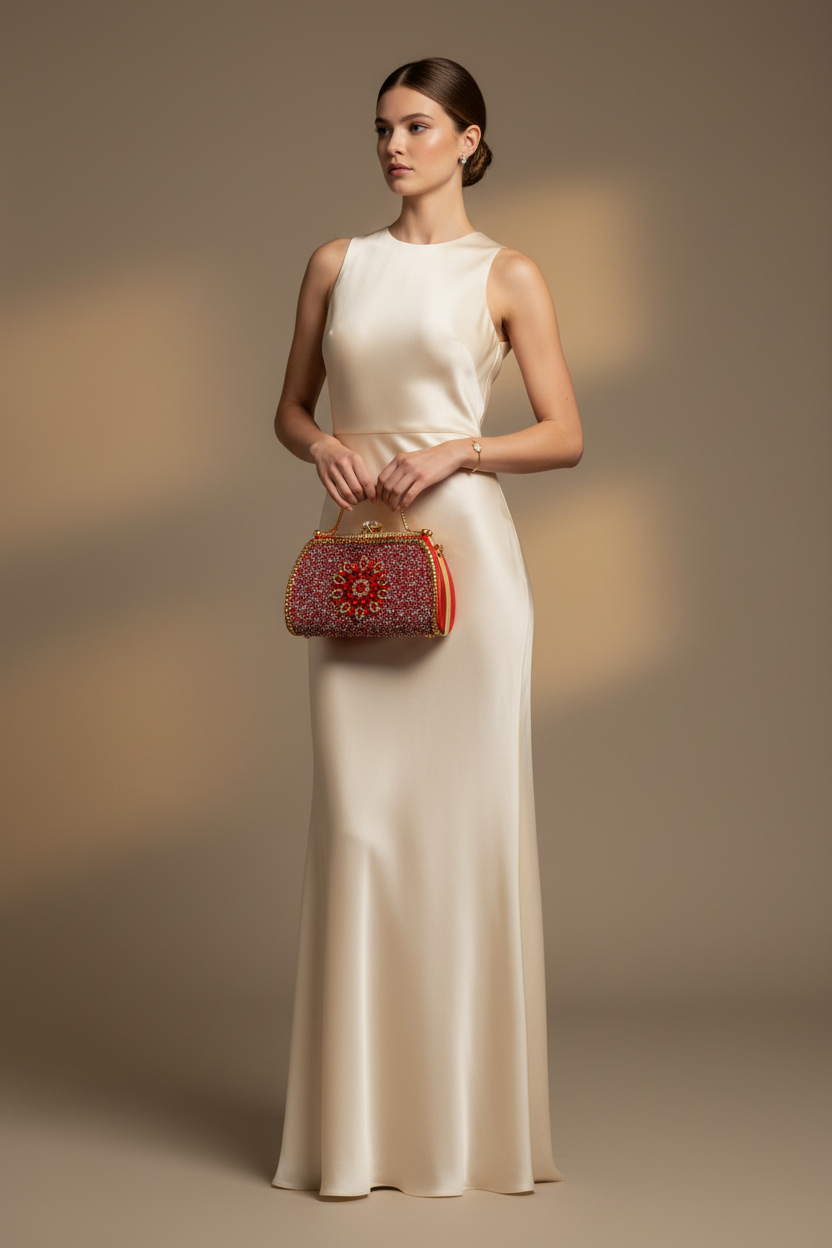 Model in neutral dress holding ROUGE bag