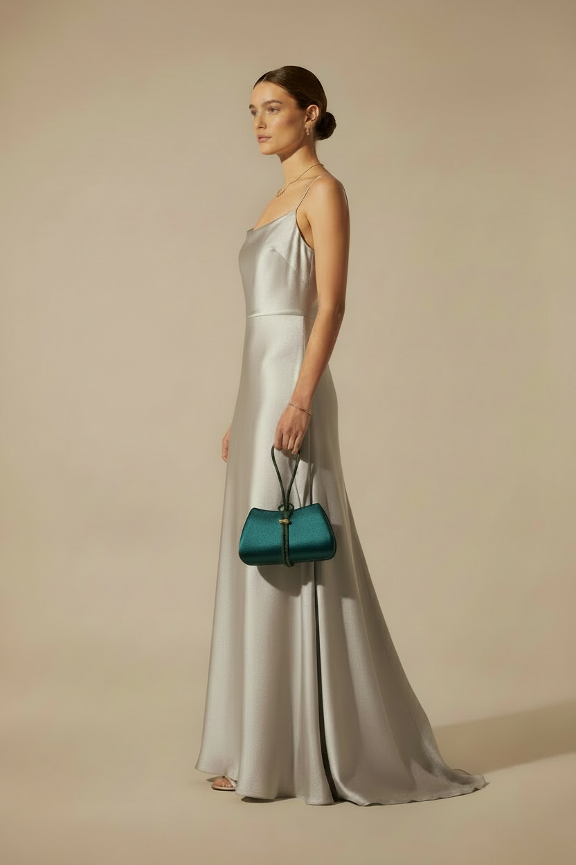 Model in sleeveless silver gown carrying TE AMO bag